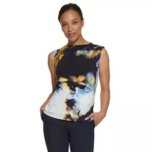 DKNY Women's Printed Zip-Shoulder Sleeveless Top Navy, Gold, Cream XL Plus